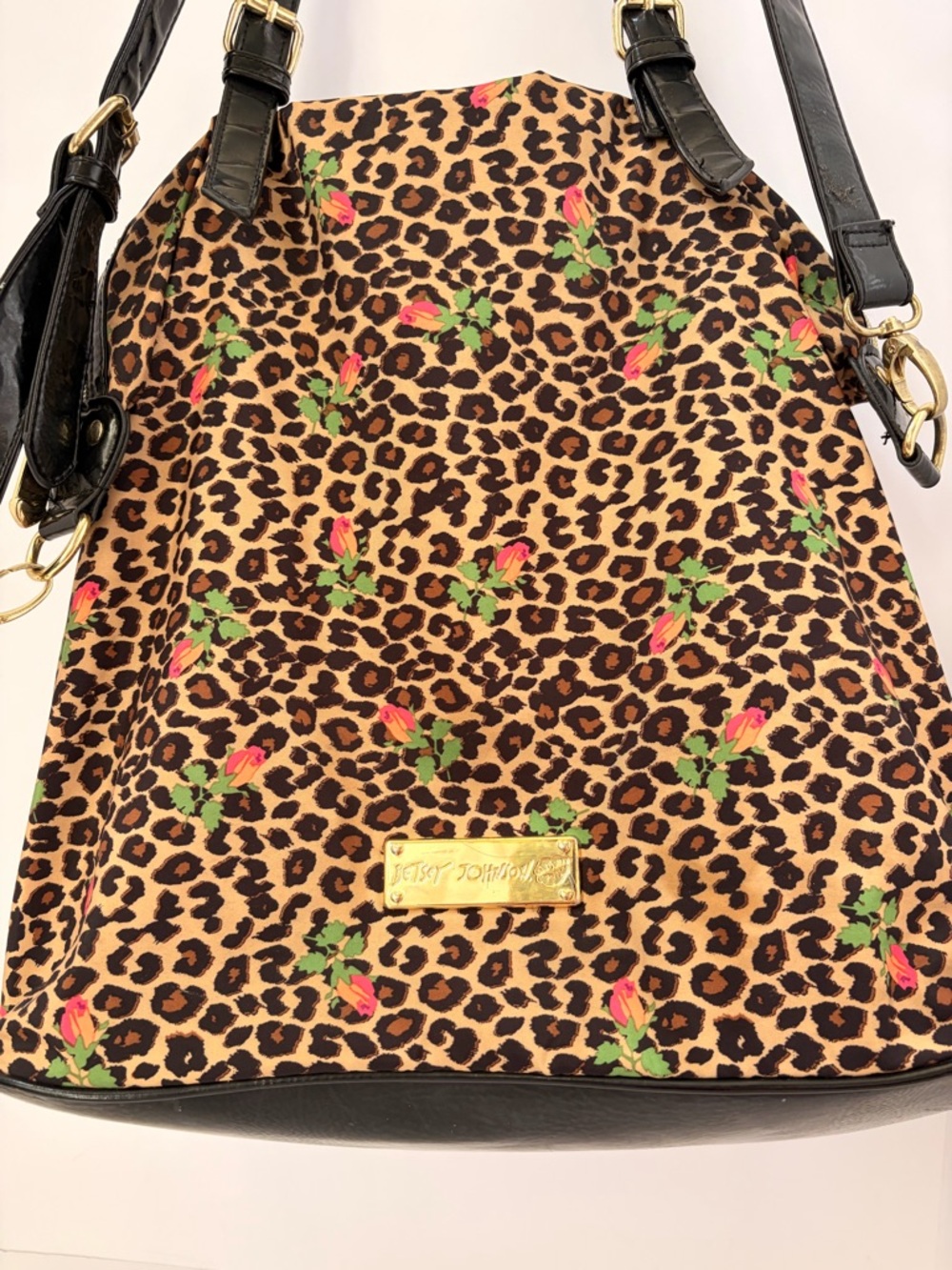 Betsey Johnson Leopard Print Shoulder Bag with Pink Floral Accents